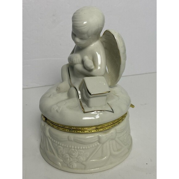 Porcelain Angel Trinket Box with Gold Trim Holding A Bird W Bird House Hinged - Picture 6 of 12